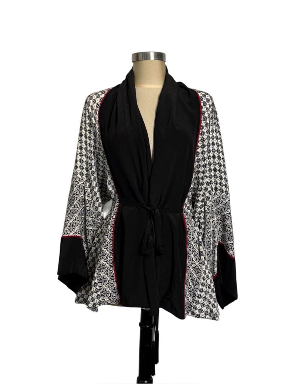 Talitha Silk Kimono Jacket Black White Red Piping Tassel Belt Boho S